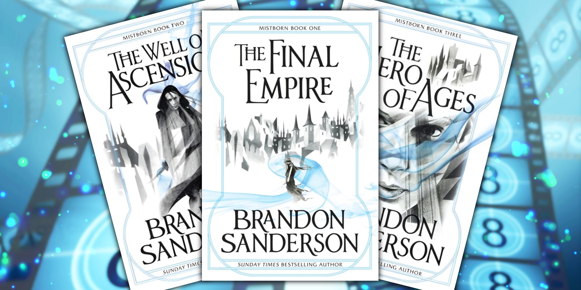 Capas de livros Mistborn com fundo de rolo de filme