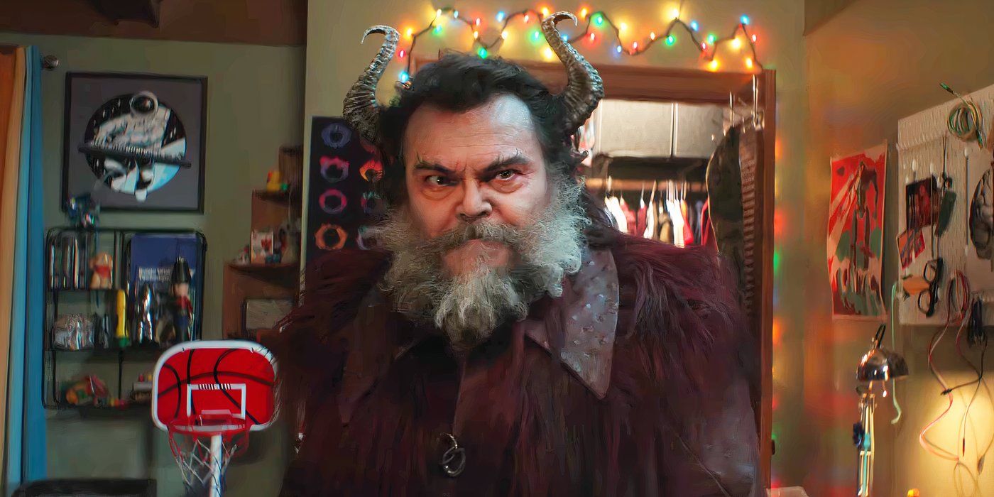 Jack Black como Satanás parado no quarto de uma criança em Dear Santa 2024.