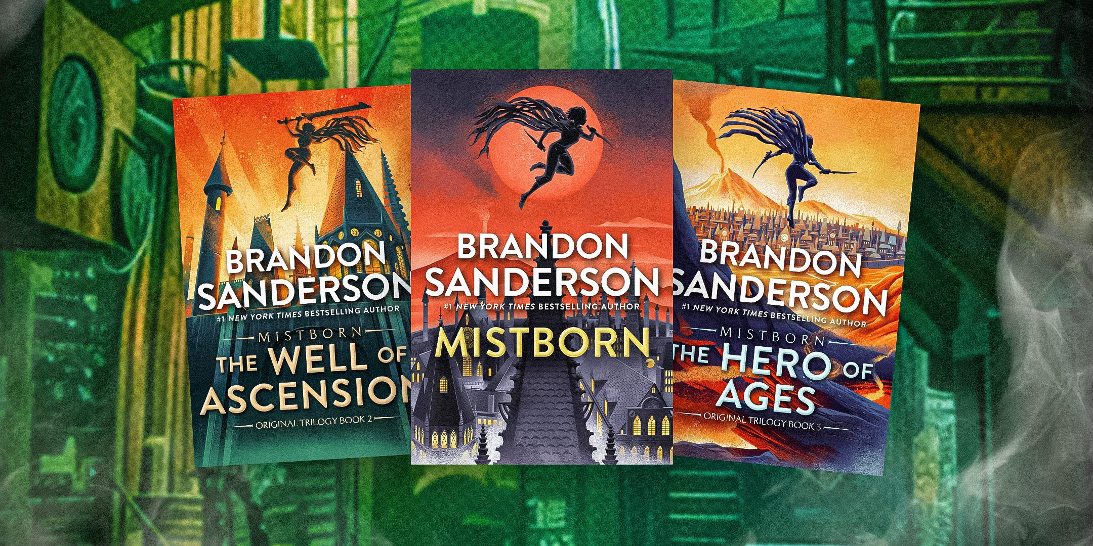 As capas de The Well of Ascension, Mistborn: The Final Empire e The Hero of Ages de Brandon Sanderson