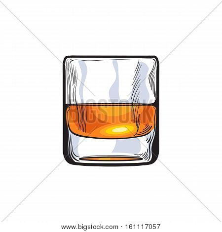 Scotch whiskey, rum, brandy shot glass, sketch style vector illustration isolated on white background. Realistic hand drawing of a glass of whiskey shot