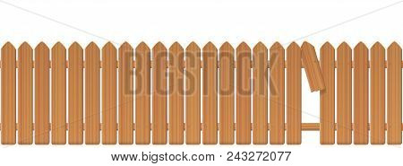 Wooden Picket Fence With Gap In The Fence. Palisade Or Stockade With Broken Plank And Loophole To Sl