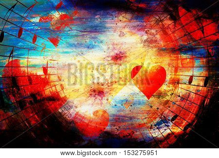 beautiful collage with hearts and music notes, symbolizing the love to music