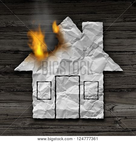 House fire concept and residential smoke disaster and burning destruction symbol as crumpled paper shaped as a family home residence as a 3D illustration on rustic wood.