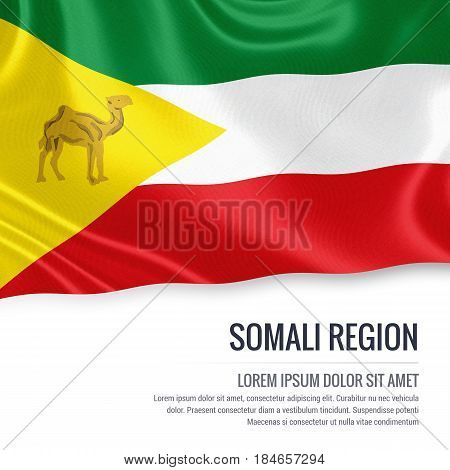 Somali Region flag. Flag of Ethiopian state Somali Region waving on an isolated white background. State name and the text area for your message. 3D illustration.