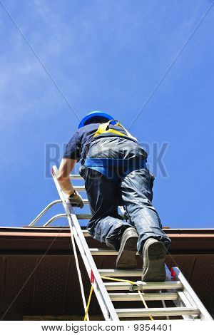 Construction Worker Climbing Ladder