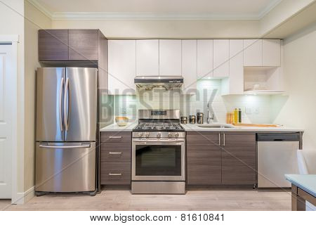 Modern, bright, clean, kitchen interior with stainless steel appliances in a luxury house