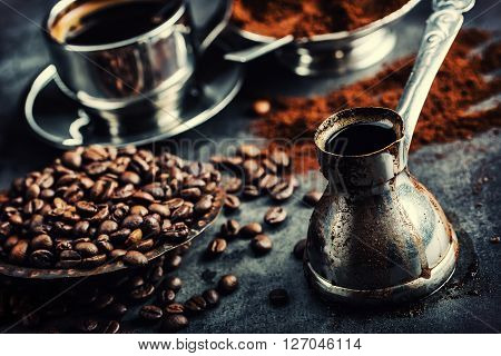 Coffee. Turkish coffee. Armenian Turkish coffee. Cezve and cup of coffee. Traditional serving coffee.