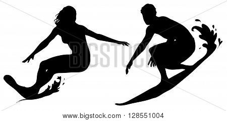 Man and woman surfing black silhouette vector