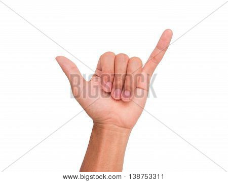 A hand sign 2 fingers point upward meaning two, rock, etc. with white backgroud