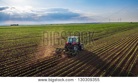 Tractor cultivating field at spring, aerial view