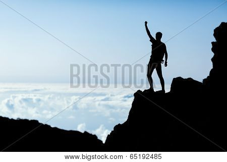 Hiking Success Silhouette, Man Trail Runner In Mountains