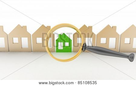 Magnifying glass selects or inspects a eco-home in a row of houses. Concept of search of house for residence, real estate investment, inspection.