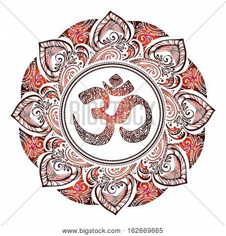 Isolated image of a mandala and OM on a white background. Hand drawn Ornate Indian pattern decorative vector elements.