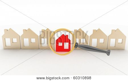 Magnifying glass selects or inspects a home in a row of houses. Concept of search of house for residence, real estate investment, inspection.