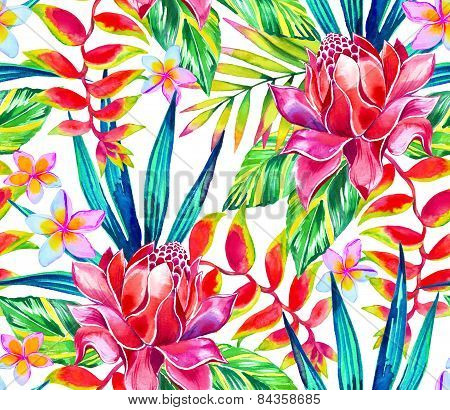 Seamless jungle tropic pattern with tropical flowers and leaves