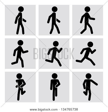 Walking and running people vector icons. Walking animation, runner sport, man running, fitness walking, running activity, jogging walking, running training illustration