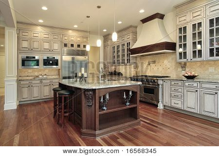 Kitchen in luxury home with rectangular island