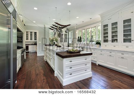 Kitchen in luxury home with white cabinetry