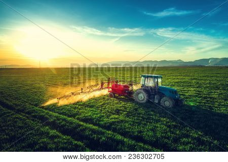 Aerial View Of Farming Tractor Plowing And Spraying On Field.