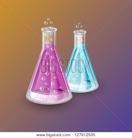 Two realistic dry bulbs, chemical flask transparent glass bottle of blue and purple liquids, liquids color can be easily changed, with bubbles and shadows, chemical icon, background, vector