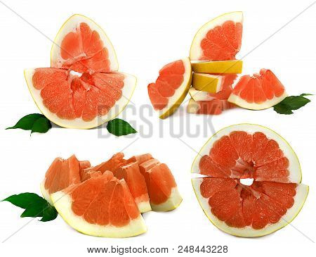 Pamelo Big And Juicy Fruit On A White Background, Different Views On One Sheet. Citrus Bright Color 