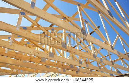 Roofing Construction. Wooden Roof Frame House Construction. Wooden Trusses Roofing Construction.