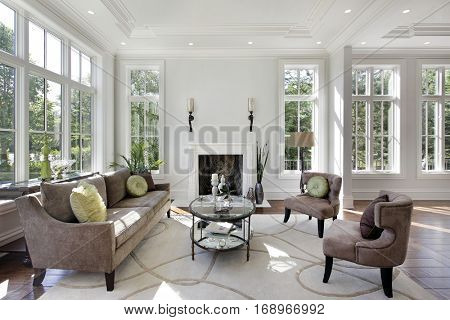 Living room in luxury home with fireplace.