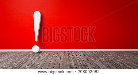 Red Exclamation Mark On Wooden Floor And Concrete Wall 3d Illustration Warning Concept