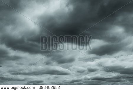 Gray And White Fluffy Clouds. Cloudy Sky. White And Gray Texture Background For Sad, Death, Hopeless