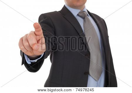 Businessman point finger at you, hand pushing touch screen, business man pressing digital virtual button isolated over white background