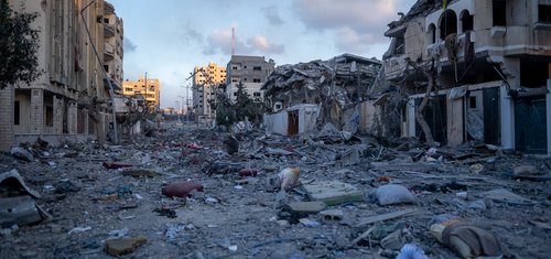 The destruction was caused by the Israeli airstrikes in Al Remal neighbourhood in the middle of Gaza City during the 4th day of the escalation.