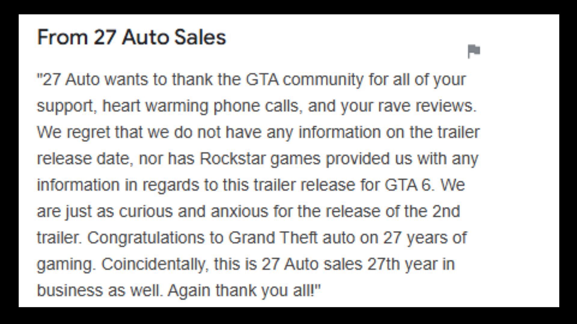 27 Auto Sales&#039; statement on the GTA 6 trailer 2 release date fan theory links (Image via Google)