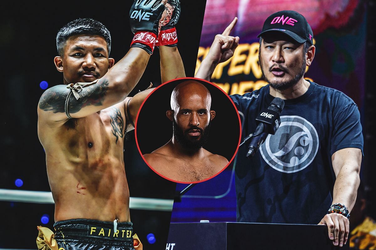 Rodtang (left) ONE Chairman and CEO Chatri Sityodtong (right) (inset: Demetrious Johnson) [Photos via: ONE Championship]