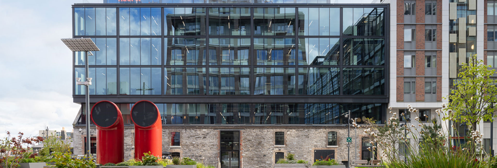 Exterior view of the Fiserv building entrance