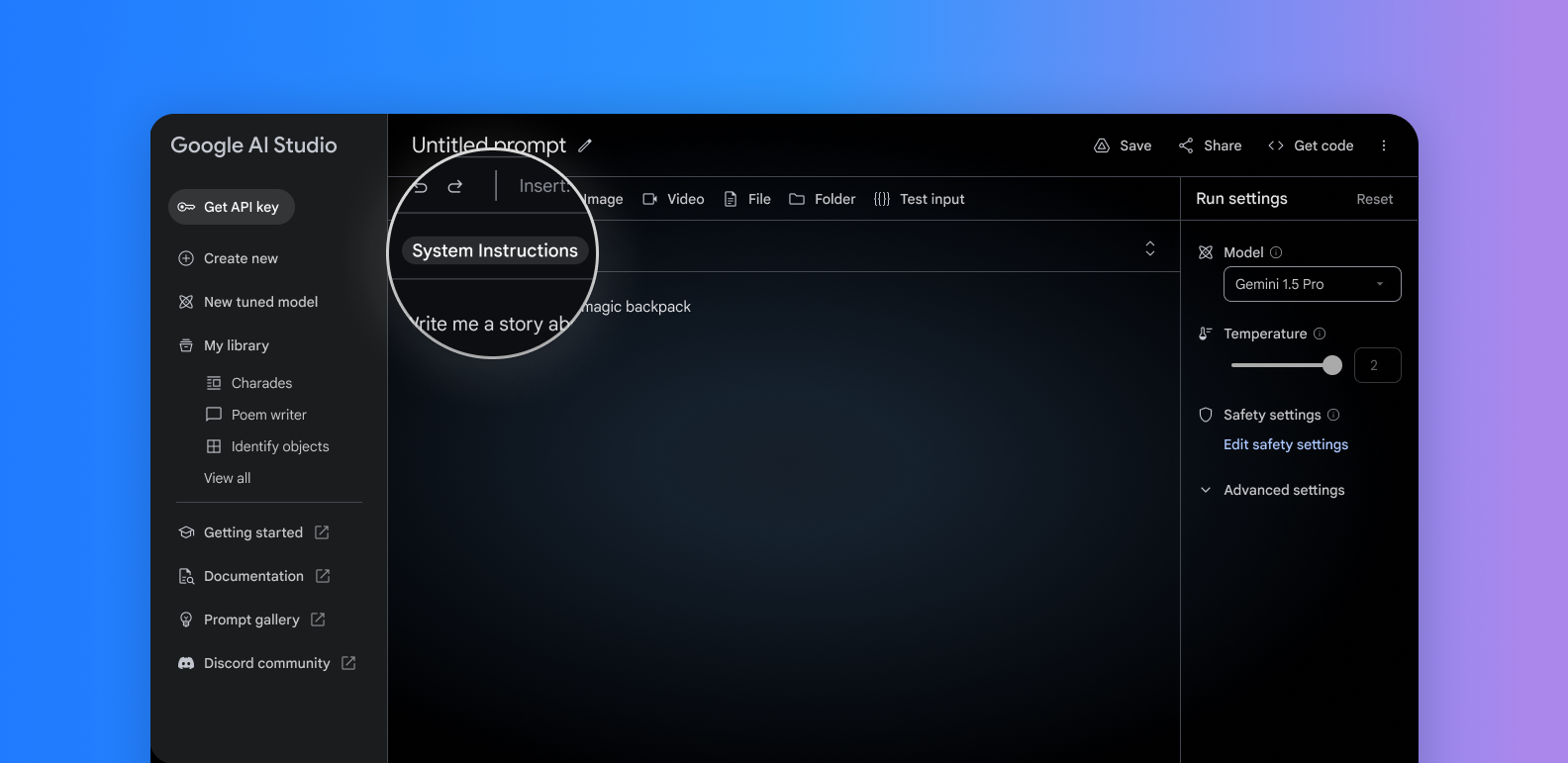 Image showing where System Instructions is located in Google AI Studio