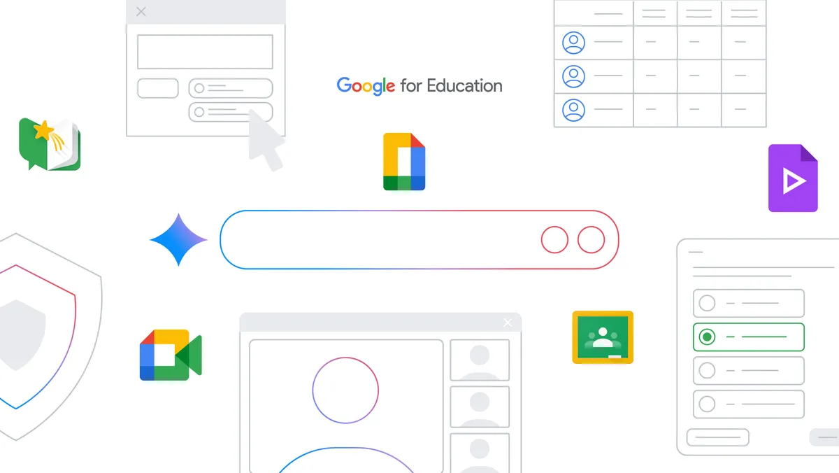 Image of multiple logos representing Google Meet, Classroom, Vids, and more floating around screens representing the tools