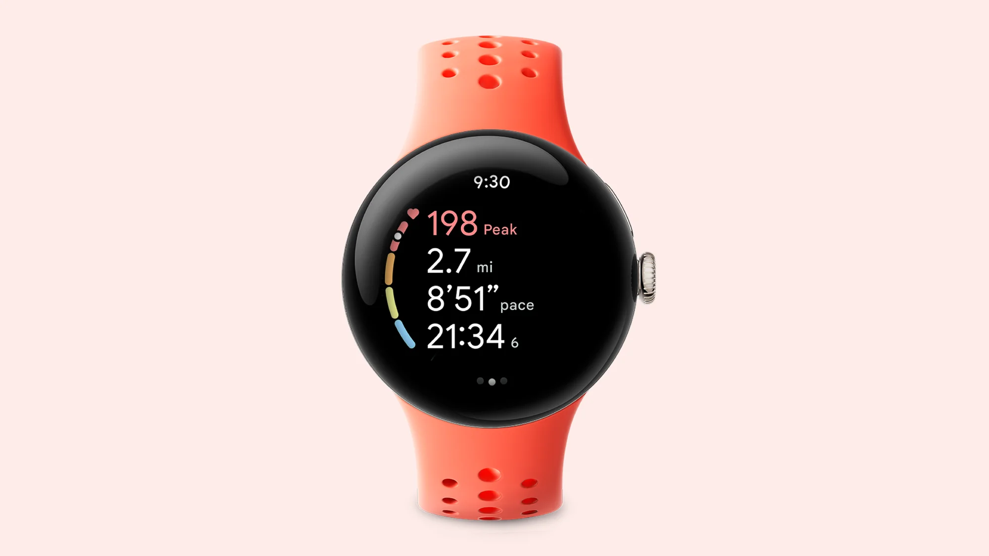 Image of an up-close view of Pace Training on Pixel Watch 2 with the Coral Active Sport Band.