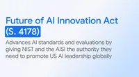 illustrated text card reading "Future of AI Innovation Act (S. 4178): Advances AI standards and evaluations by giving NIST and the AISI the authority they need to promote US AI leadership globally"