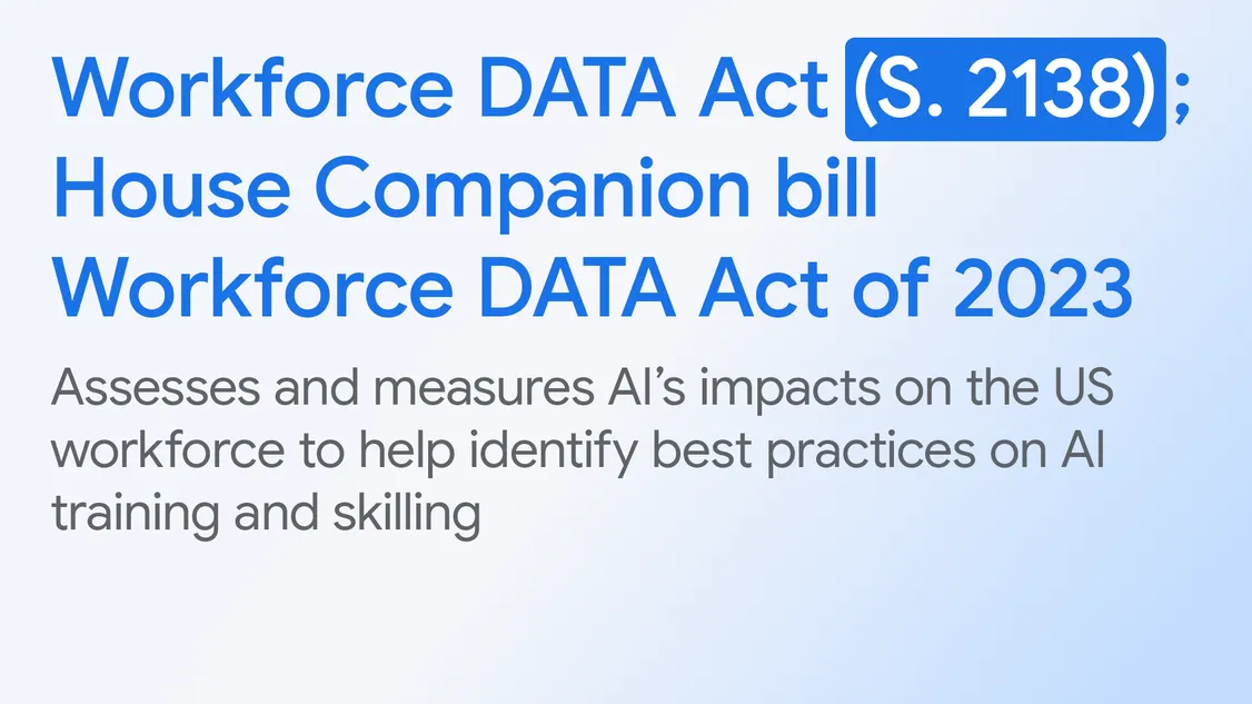 illustrated text card reading, "Workforce DATA Act (S. 2138); House Companion bill Workforce DATA Act of 2023: Assesses and measures AI’s impacts on the US workforce to help identify best practices on AI training and skilling"