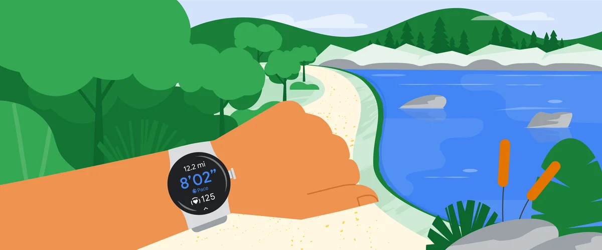 An illustration of a runner checking the Pixel Watch on a marathon training run.