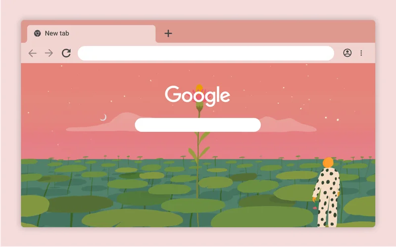 New Chrome theme of an abstract character looking across a field of water lilies.