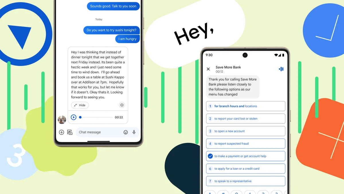 Collage showing voice message transcription feature and direct my call feature as seen on Pixel 7 and the Pixel 7 Pro.