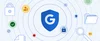 Abstract illustration of the Google “G” inside a security badge with various other security icons surrounding it.