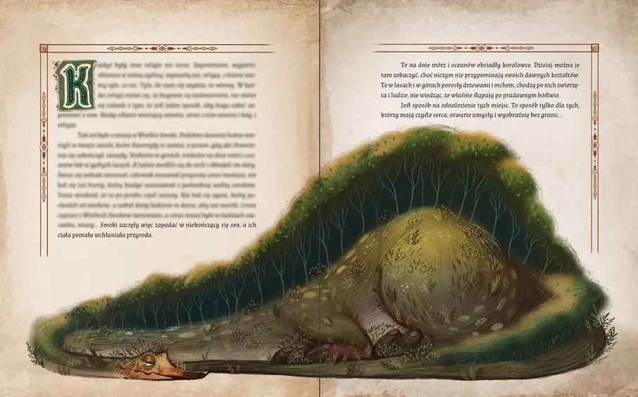 The image appears to be a two-page spread from an illustrated book, likely a storybook. The left page features a large decorative initial "K" at the beginning of a block of text. The illustration at the bottom depicts a large, sleeping dragon covered in vegetation, blending into the natural landscape. The dragon's back is overgrown with trees and plants.