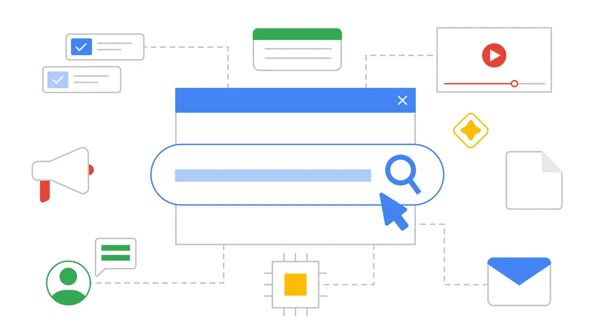 An illustration of a search bar on a white background with product icons like gmail, chat and YouTube