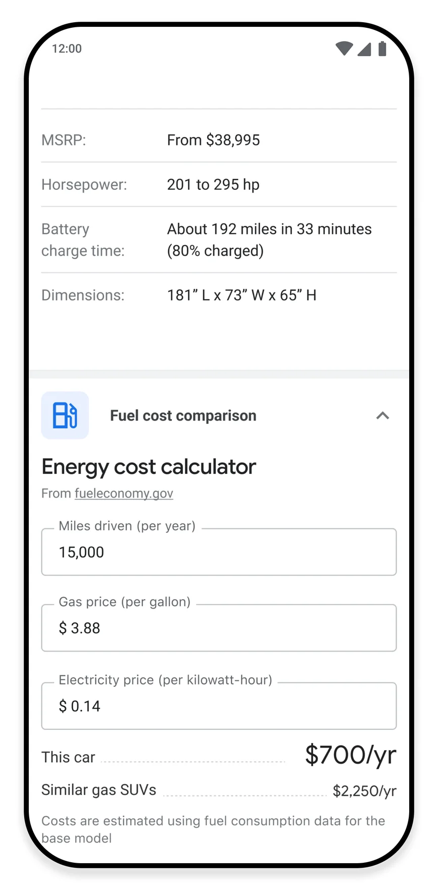 Imagen que muestra el costo de combustible comparado con electricidad para un kilometraje determinado