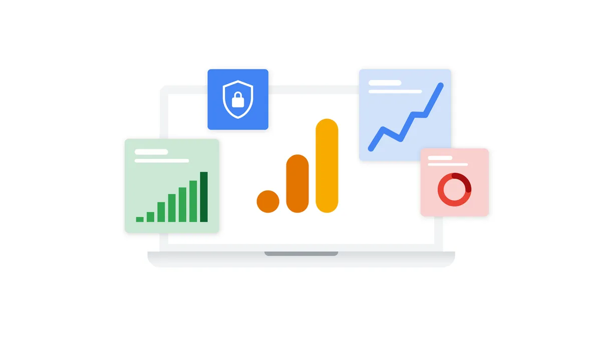 Laptop with Google Analytics logo in the middle and illustrations depicting privacy through a lock symbol, bar line and pie charts.