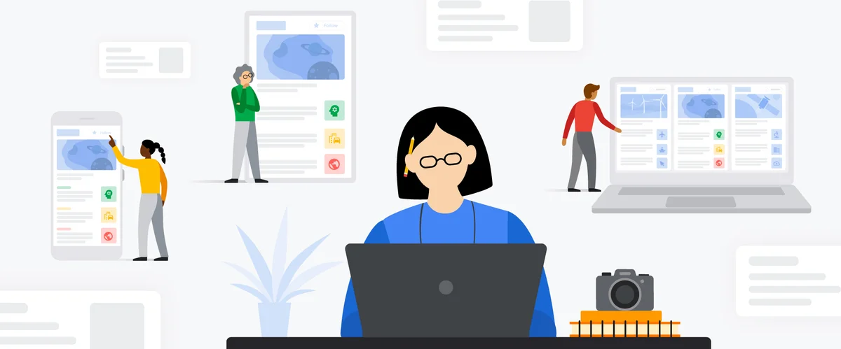 This illustrated image shows a woman working at her computer with images of people in the background simulating curating the news