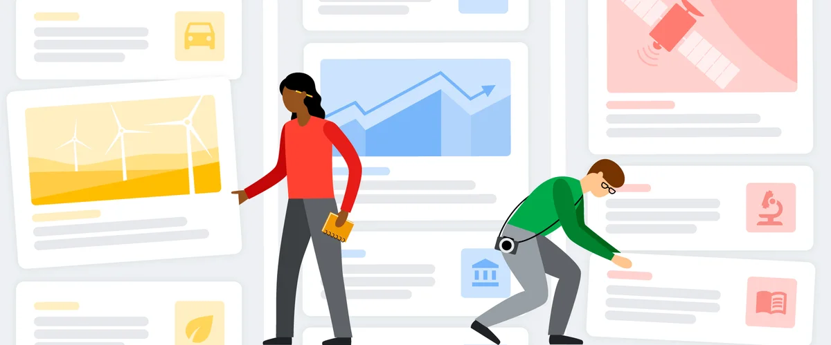 This illustration shows two users looking at News Showcase panels