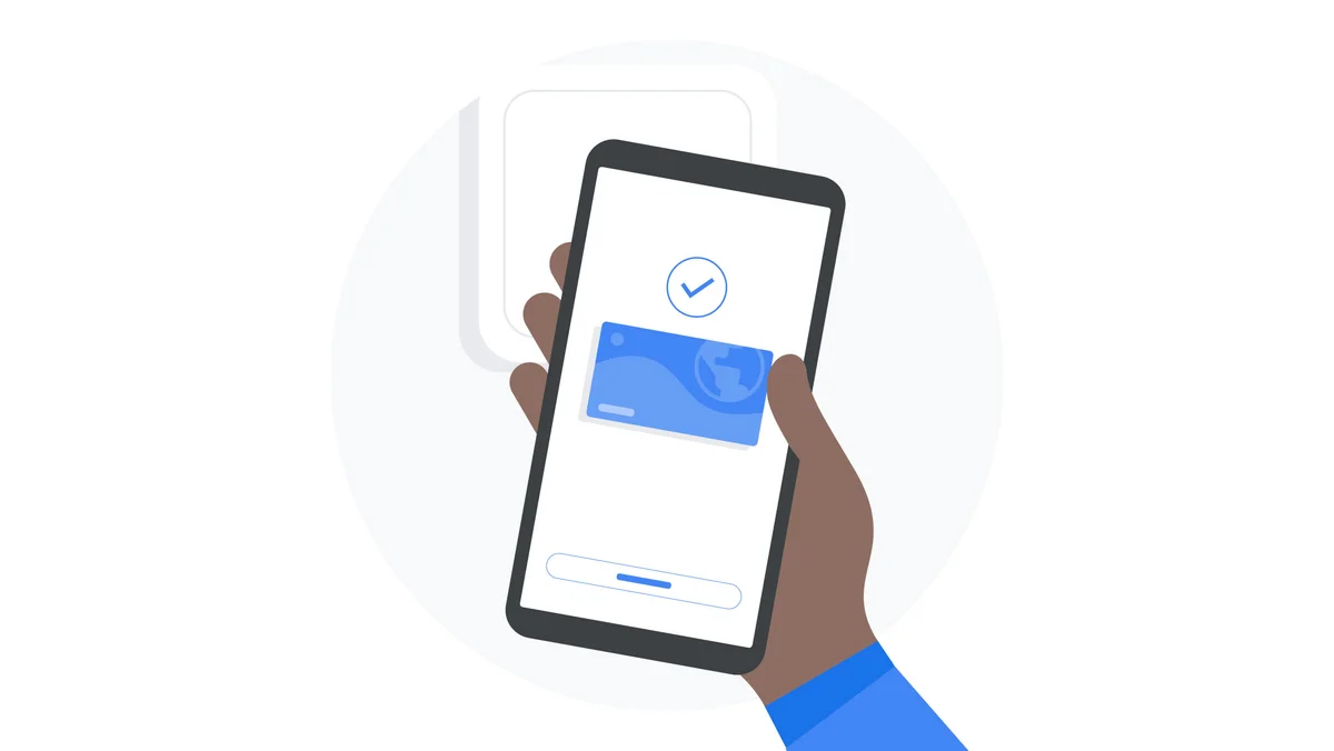Illustration of a hand holding a phone. Its screen shows a payment card and a check box above it, confirming payment authentication.